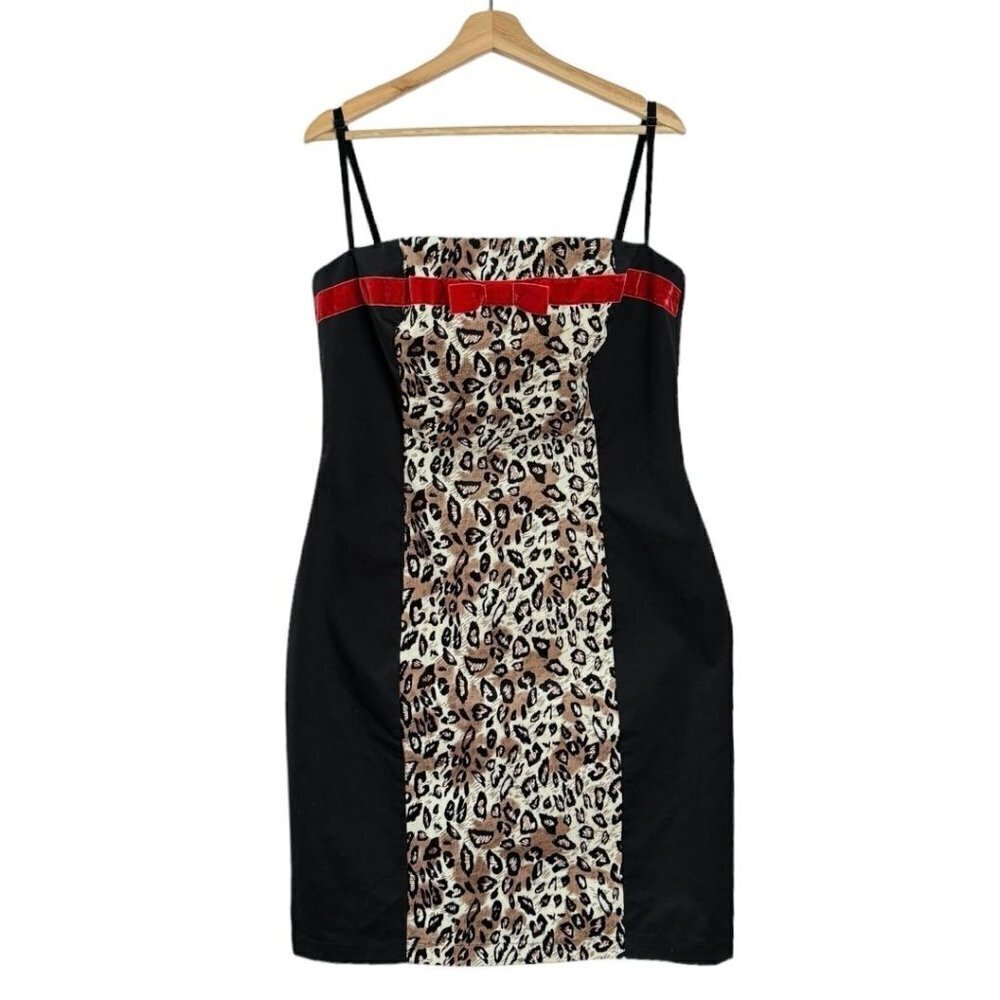 Black Leopard-Print Panel Sheath Dress with Red Trim